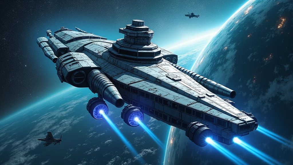 (masterpiece:1.2,of the highest quality,ultra high resolution,Super detailed),8k,Wallpaper,realist,(Canon style DSLR),BREAK(A battleship-shaped spaceship heads toward the galaxy with Earth behind it.),(sf:2.0),(Una nave espacial aerodynamic inspirada en el acorazado Yamato y los Destructores Estelares.:2.0),(A small Earth can be seen behind the spacecraft:2.0),(The background is outer space and Earth:2.0),(dynamic,Great impact,dynamic angles:2.0),(Beautiful light particles emanate from the wave motion motor at the stern:2.0),(Equipped with a wave motion cannon on the bow:2.0),(Equipped with 3 main guns)
