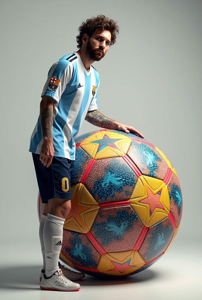 Messi is standing beside a huge big colourful football