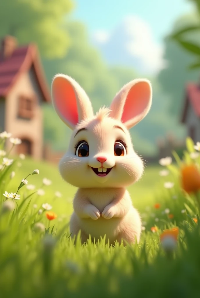 In 3d cinematic interesting cartoon style “ A small, adorable rabbit with a cheerful expression, surrounded by lush green grass in a quaint village setting”