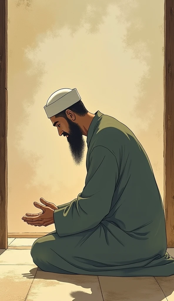 In the style of Studio Ghibli anime, a Muslim man is depicted performing ruku' during prayer. soft lighting that accentuates the reverence of the moment. The scene uses hand-painted textures and gentle color palettes typical of Ghibli’s atmospheric style.