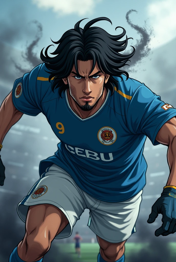 Create a football player with black wavy hair, wears a goatee and has the number 9 on his shirt, on the shirt it says ICE and he has black smoke around his body, he has in an attacking action position, make it in anime format, he is a mature and serious player but he is not old, behind him there is a blurred field