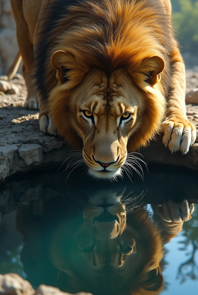 Lion Looking into the Well: Depict the lion peering into the well, seeing his reflection, but believing it to be another lion. The scene should capture the lion's intense gaze and