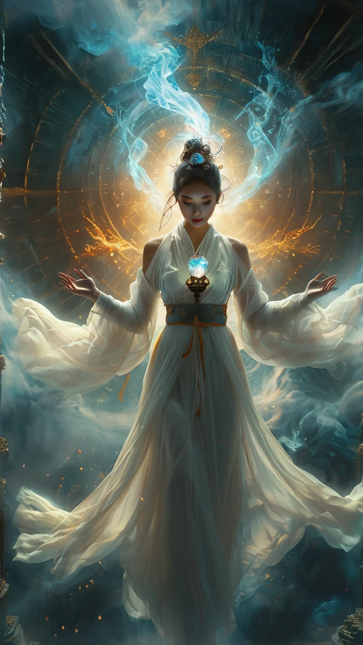 Chinese fantasy,Eastern mythology,((full body:1.3)),((floating)),((in air)),shrouded in a lattice like cloud layer above the screen,(these thick dark clouds condense into crystals),(there is a gap in the center of the cloud layer, from which many black smoke flows out),a dazzling sky,(a 20-year-old woman wearing a white long sleeved ancient costume suspended in the air:1.2),((she holds a crystal stone emitting colorful light with both hands:1.5)),the Tindar effect,chaos,sacred light,
ray tracing,shadows,ultra sharp,metal,((cold colors)),Epic CG masterpiece,(3D rendering),facing camera,ultra high resolution,(masterpiece),(best quality),(super detailed),(extremely delicate and beautiful),cinematic light,detailed environment,(real),(ultra realistic details:1.5),glass-like sparkling eyes are blurry and dreamy,(muscle tone and definition),(finely detailed features),stunning colors,cinematic lighting effects,super wide Angle,light particles,light particle art,glowing,dynamic poses,surreal,futurism,concept art,exquisite facial features,super delicate face,designed by greg manchess,smoke,a model woman,bright eyes,glossy lips,trending on art station,photoreal,8 k,octane render by greg rutkowski,art by Carne Griffiths and Wadim Kashin,in the style of Dau-al-Set,Pollock,and inspired by MAPPA and Zdzislaw Beksinski,xianxia