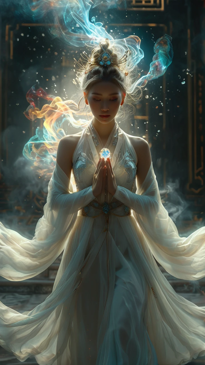 Chinese fantasy,Eastern mythology,((full body:1.3)),((floating)),((in air)),shrouded in a lattice like cloud layer above the screen,(these thick dark clouds condense into crystals),(there is a gap in the center of the cloud layer, from which many black smoke flows out),a dazzling sky,(a 20-year-old woman wearing a white long sleeved ancient costume suspended in the air:1.2),((she holds a crystal stone emitting colorful light with both hands:1.5)),the Tindar effect,chaos,sacred light,
ray tracing,shadows,ultra sharp,metal,((cold colors)),Epic CG masterpiece,(3D rendering),facing camera,ultra high resolution,(masterpiece),(best quality),(super detailed),(extremely delicate and beautiful),cinematic light,detailed environment,(real),(ultra realistic details:1.5),glass-like sparkling eyes are blurry and dreamy,(muscle tone and definition),(finely detailed features),stunning colors,cinematic lighting effects,super wide Angle,light particles,light particle art,glowing,dynamic poses,surreal,futurism,concept art,exquisite facial features,super delicate face,designed by greg manchess,smoke,a model woman,bright eyes,glossy lips,trending on art station,photoreal,8 k,octane render by greg rutkowski,art by Carne Griffiths and Wadim Kashin,in the style of Dau-al-Set,Pollock,and inspired by MAPPA and Zdzislaw Beksinski,xianxia