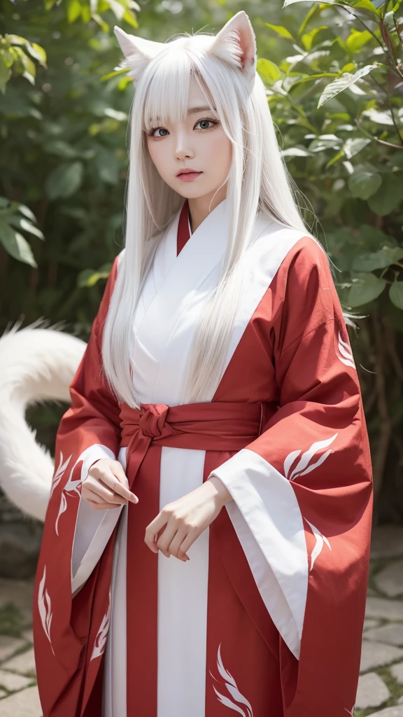 White Demon Fox、Nine-tailed Fox、Japanese women、kimono、Fair skin、Red lines on face、8K、I have long hair