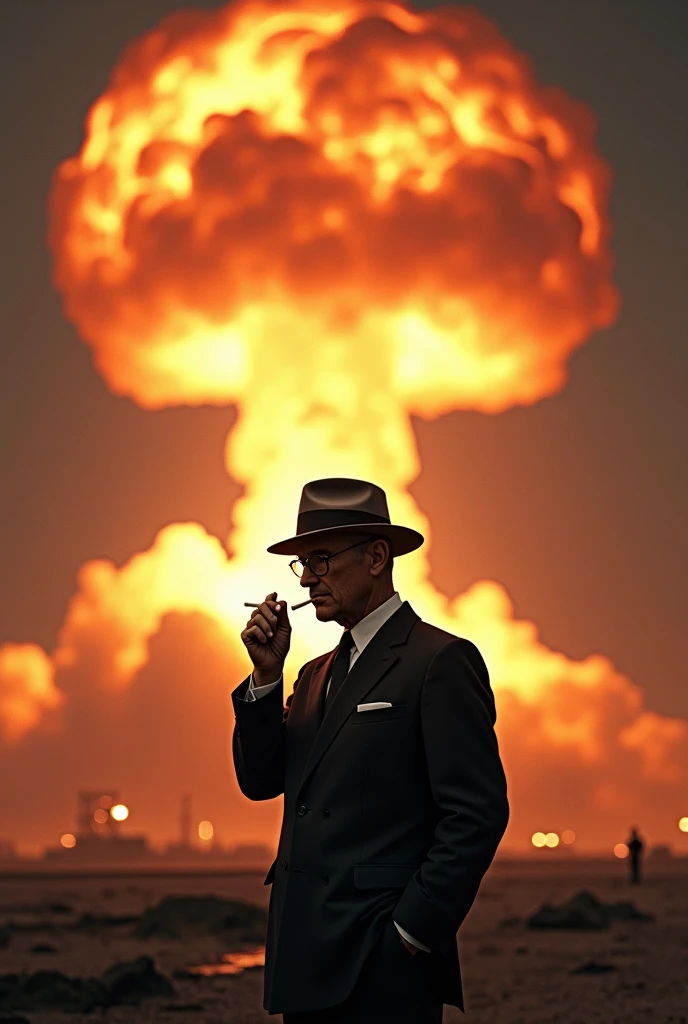 Create Oppenheimer alone in front and behind him create an atomic bomb explosion. I want you to make him in a regular suit that he always wore., and on his head a hat matching his clothes.
I also want you to make him look like he's walking like in those secret agent movies where they walk slowly and coolly while he holds a cigarette ready to put it in his mouth., and make him head a little low to hide some of his face.
And in the scene I want you to not be able to see anything other than the huge bomb that explodes violently behind him., but I want it to be extremely realistic