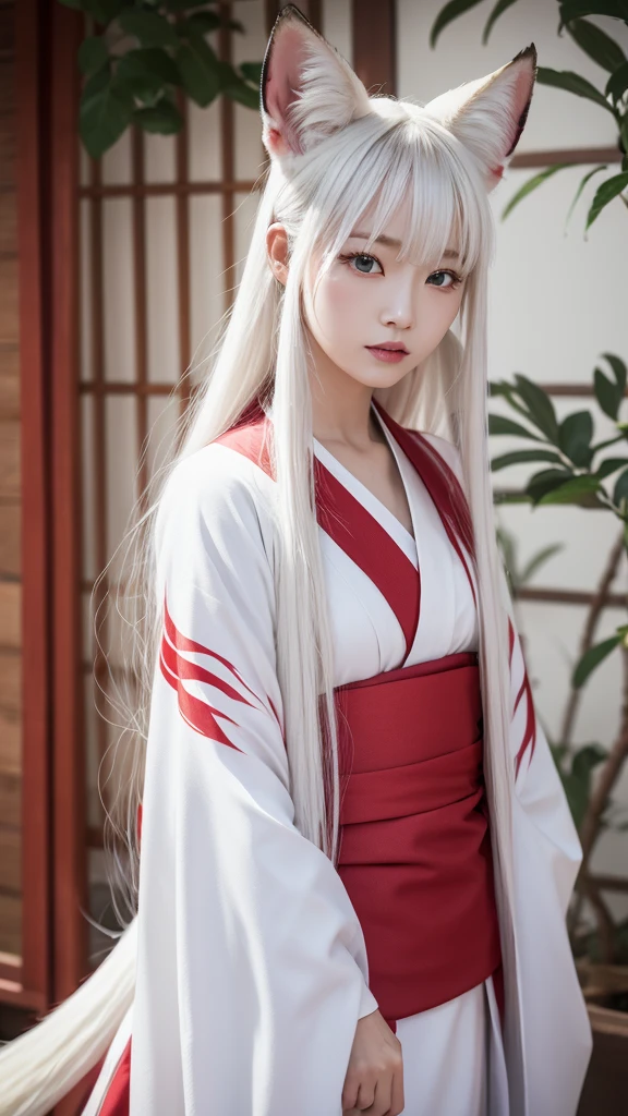 White Demon Fox、Nine-tailed Fox、Japanese women、kimono、Fair skin、Red lines on face、8K、I have long hair