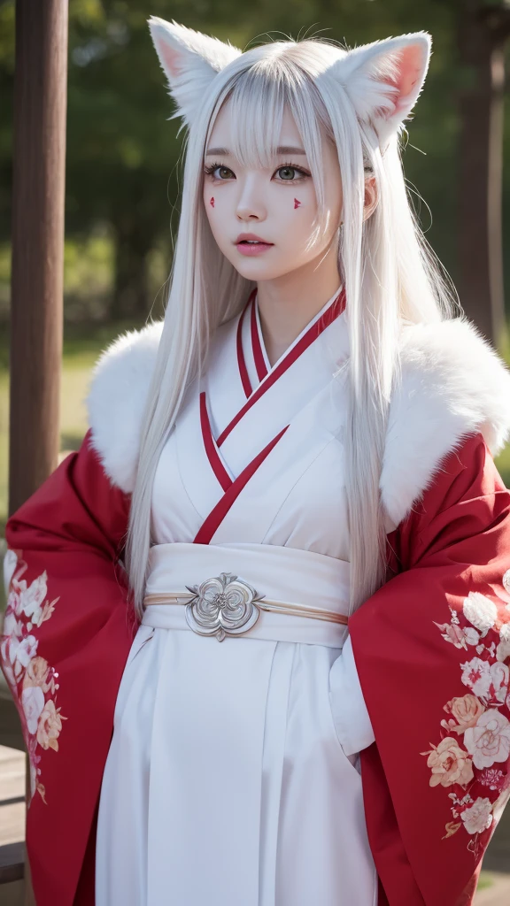 White Demon Fox、Nine-tailed Fox、Japanese women、kimono、Fair skin、Red lines on face、8K、I have long hair