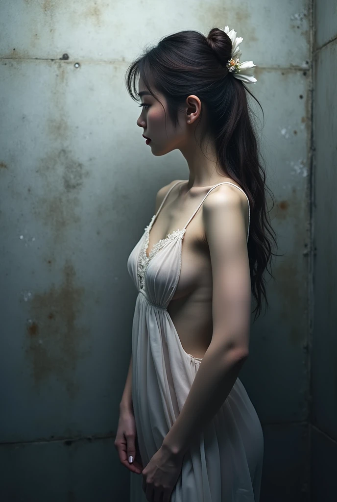 (Highest quality:1.4),(masterpiece:1.4),(Realistic:1.4),(Realistic:1.2),(超High resolution, RAW Photos:1.4),(High resolution, Very detailed:1.2),(8k:1.2),photograph,(Shot from behind:1.3)、Korean women、brown hair photos,One Woman,alone,(In underwear),Very large breasts,((Thigh to head shot:1.3))、(((topless、You can see her large breasts from the side.)))、((Smile))、((Very large breasts:1.4))、Realistic skin textures、Slightly freckled、Slender figure、Realistic skin textures、((background,Concrete wall:1.3)),(topless,The breast is visible from the side:1.6),(Long lace slip,White)、3 woman、The angle at which the nipple is not visible、((Updo long hairstyle))、((White,Long lace slip:1.4))、Correct toes、Detailed facial features、Long slip covers the buttocks and soles of the feet、Long slip covers your butt、
