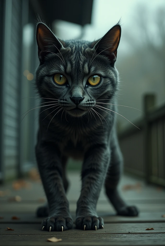A cat on the porch, its eyes wide LIKE HUMEN , SCARY AND CREEPY, DANGEROUS, HORROR ALMOST HUMEN , LOOKS LIKE HUMEN
