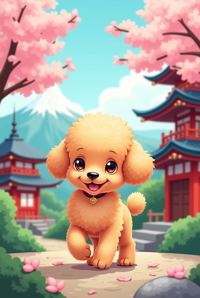 in cartoon style, the cute male apricot poodle, walking around Japan
