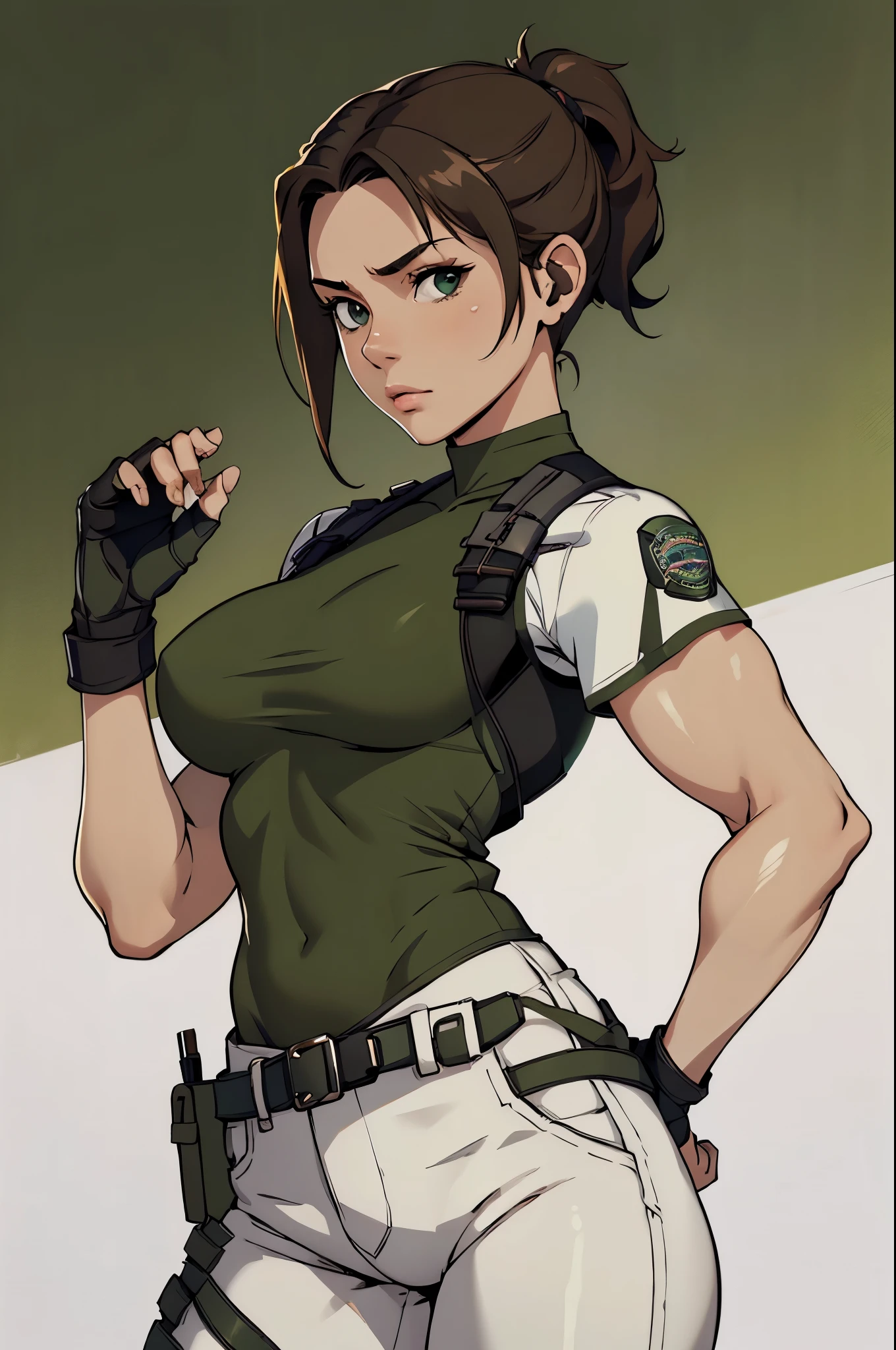 masterpiece, best quality:1.2), expressive eyes, perfect face, highres, 1 girl, solo, (female:1.5), chris redfield, green taut shirt, white pants, fingerless gloves, belt, hands to hip, standing, portrait, looking at the viewer,