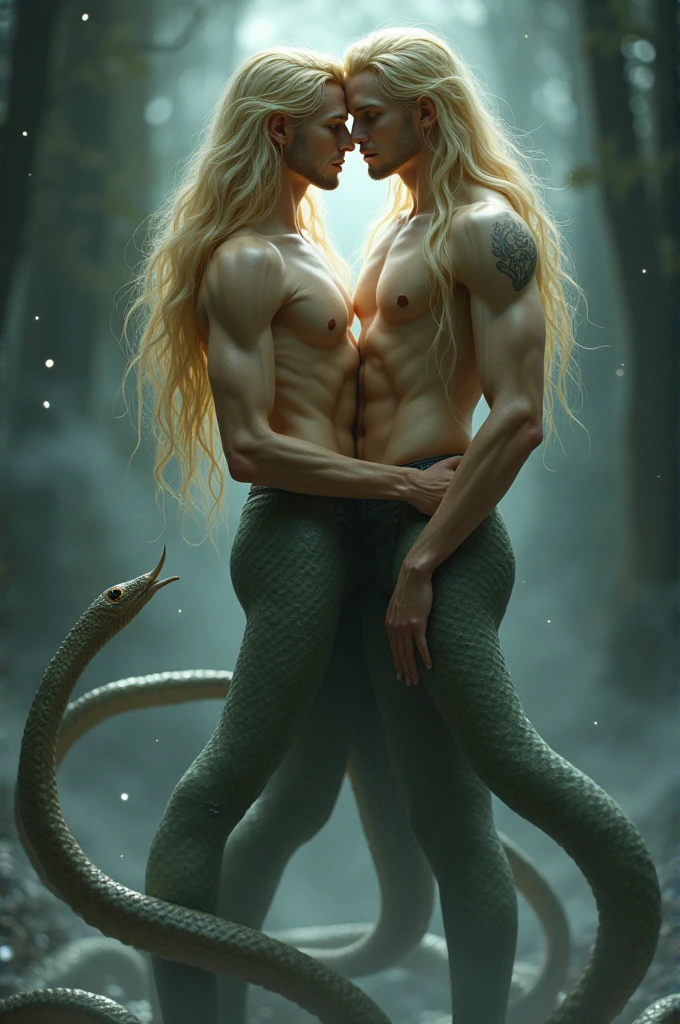 Two blond guys with long hair and snake tails love each other