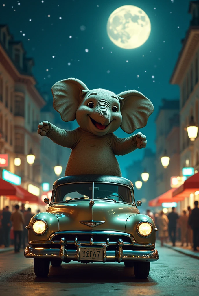 A dancing elephant in a 1950s car during a starry night with a full moon in a city full of people