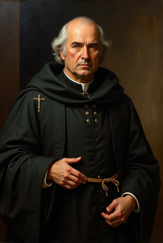 masterpiece, realist, old painting, Renaissance style, visual impact, high contrast, black dark background, (Miguel Hidalgo) hero of Mexico's independence, man with white hair and bald, tied by the arms, and shocking look,(the noble priest), prepared to be shot, and in the background you can see traces of the war, in attack position, high quality, lights and shadows rembrant style, tenebrismo, Caravaggio, (the priest Miguel Hidalgo)