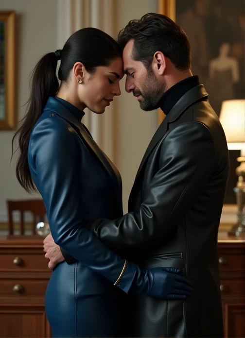 photo of a man just finished fucking in the ass a soaked and sweaty completly clothed horny prime minister of parliament woman bent over her desk and he is having a cumshot all over her dress, (( lot's of cum over Monica's dress)), (( her head complelty down )) , monica bellucci at 3 , eyes closed in front of a man, the man just finished to fucking her in the ass , doggy style, (( Monica is dressed with a blue leather tellier double breasted jacket blue turtleneck sweater , and a black long maxi-skirt(black long maxi-skirt:1.2 )) (( black ponytail hair)) (( she is wearing his favorite vintage grey silk gloves )) (( cumshot moment, bettie is having a really pleausure orgasm,he grinds his teeth in pain, she is feeling hard pain, she is screamin pain)) (( grey silk gloves)) (( he is grabbing strongly from behind Monica's ponytail hair)) (( the photo is from her side)) (( the man just taked out his cock from her ass and is having a huge cumshot over Monic's dress ))