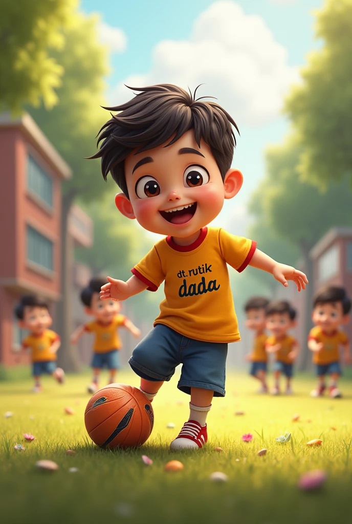 Cute boy play boll with dt. Rutik Dada name on boy shirt . Background is one school. And name of school is "L.B.S.V Highschool Weni". And some little students on side of this boy