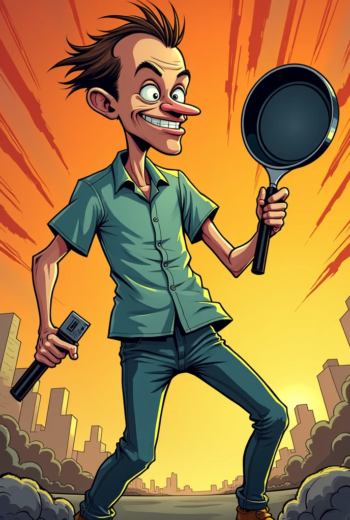 A skinny man gripping a frying pan like a firearm, dynamic pose, humorous expression, vibrant colors, comic book illustration style, bold outlines, exaggerated features --s 100 --ar 1:1 --no text
