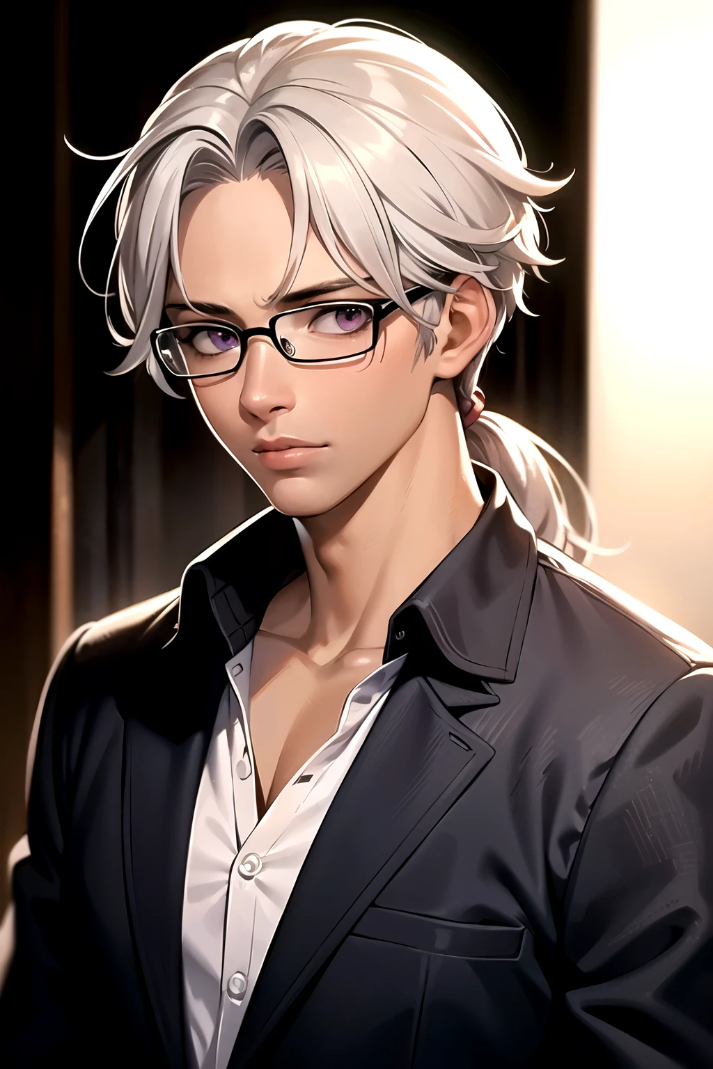 ((Highest quality)), ((masterpiece)), (detailed), ((male)), shirt,((Gray Hair))((,Brown skin)),Glasses,Purple Eyes,Forehead,ponytail