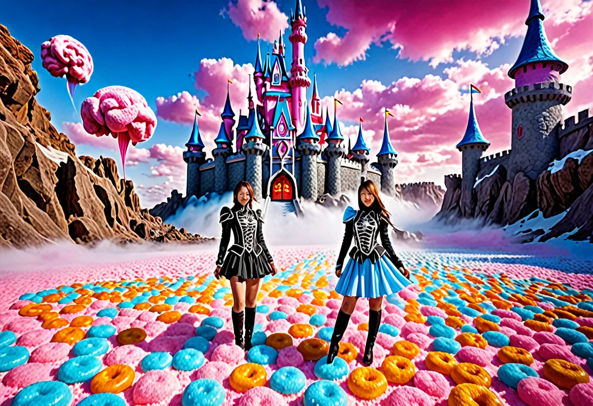 female Gummy adventurers (yuna),rock candy castle in cotton candy wasteland,dreaded skeletal mage made of pretzels,high fantasy,food dreaming,(best quality,4k,8k,highres,masterpiece:1.2),ultra-detailed,(realistic,photorealistic,photo-realistic:1.37),vivid colors,portraits,HDR,sharp focus,physically-based rendering,extreme detail description,professional,studio lighting,colorful,surreal lighting,dynamic composition,unexpected twist,magic essence
