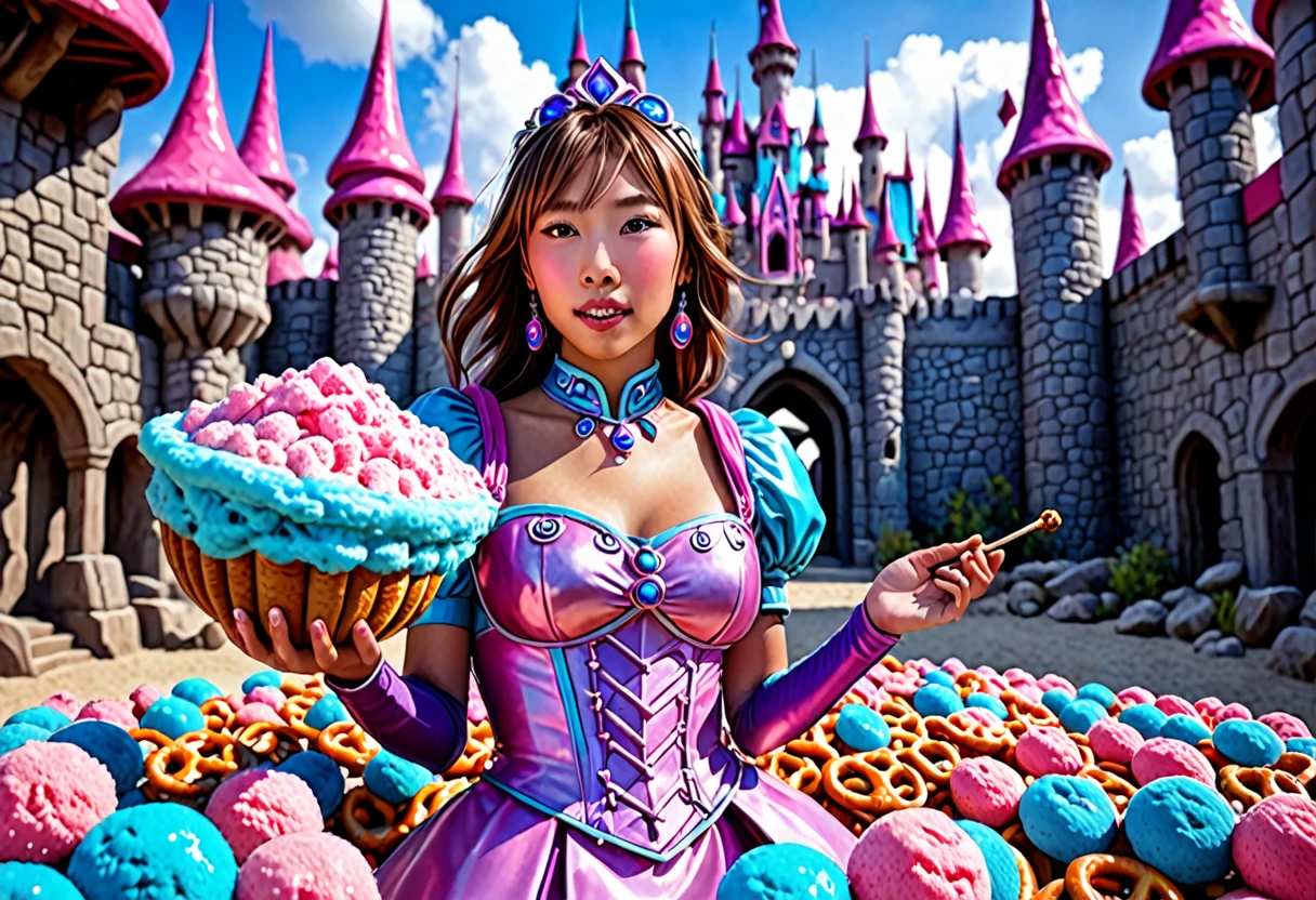 female Gummy adventurers (yuna),rock candy castle in cotton candy wasteland,dreaded skeletal mage made of pretzels,high fantasy,food dreaming,(best quality,4k,8k,highres,masterpiece:1.2),ultra-detailed,(realistic,photorealistic,photo-realistic:1.37),vivid colors,portraits,HDR,sharp focus,physically-based rendering,extreme detail description,professional,studio lighting,colorful,surreal lighting,dynamic composition,unexpected twist,magic essence