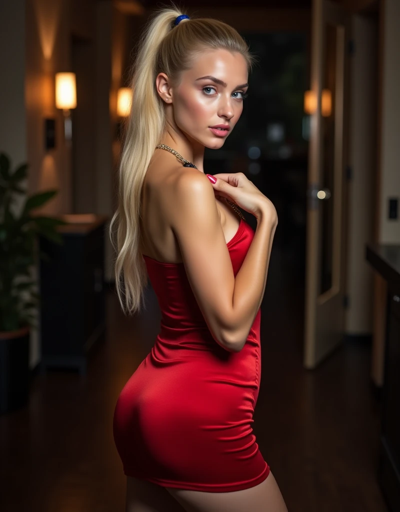 A detailed image of a  young woman with light blonde hair styled in a tight ponytail before going out to party, with his back turned, touching his shoulder with his left hand. The image frames her entire body, from his shoes to his head. It is in a dimly lit room at night. He has a sweet facial expression with blue eyes and a challenging look.. She is wearing a tight red silk short tube dress that highlights her perky butt and curvy figure and a small black handbag.. Her makeup is delicate, with a soft shade that harmonizes with your outfit. Night lighting creates a modern and elegant atmosphere, highlighting her party-ready look.
