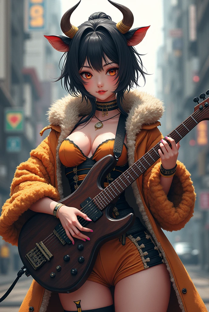 Girl playing the guitar, electric guitar, playing the guitar with a beautiful and stylish posture,
A beautiful girl playing the guitar at a concert hall, a stunning girl, a costume like a game character, wearing stockings,
She is wearing black leather clothing, is wearing a game ID and is playing the guitar, and has a slim body and slightly larger breasts.
Wearing accessories, wearing a skirt,