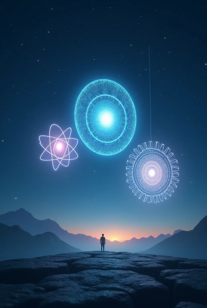 Three holograms seen in the night sky, A hologram is in the form of a representation of an atom with its circular orbits rotating, the other one of a nucleus where spikes come out and the last one where the orbits move in the form of chakras