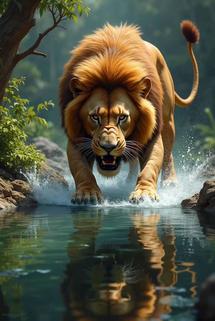 Lion Attacking His Reflection: Picture the lion mid-jump, attacking the well with all his might, with the reflection of the lion visible in the water below.