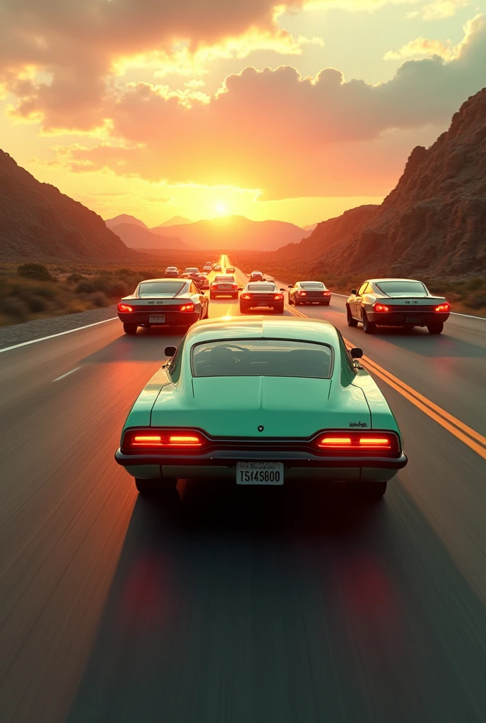 a light green impala speeding down the road at sunset with a bunch of electric police cars behind it 