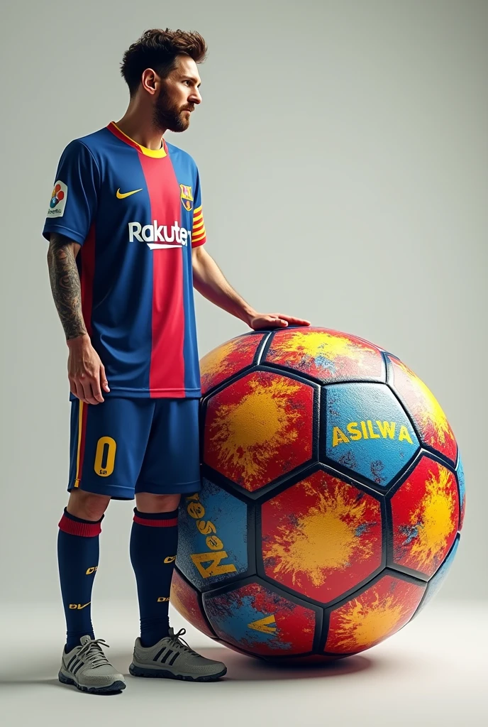 Messi is standing beside a huge big colourful football
