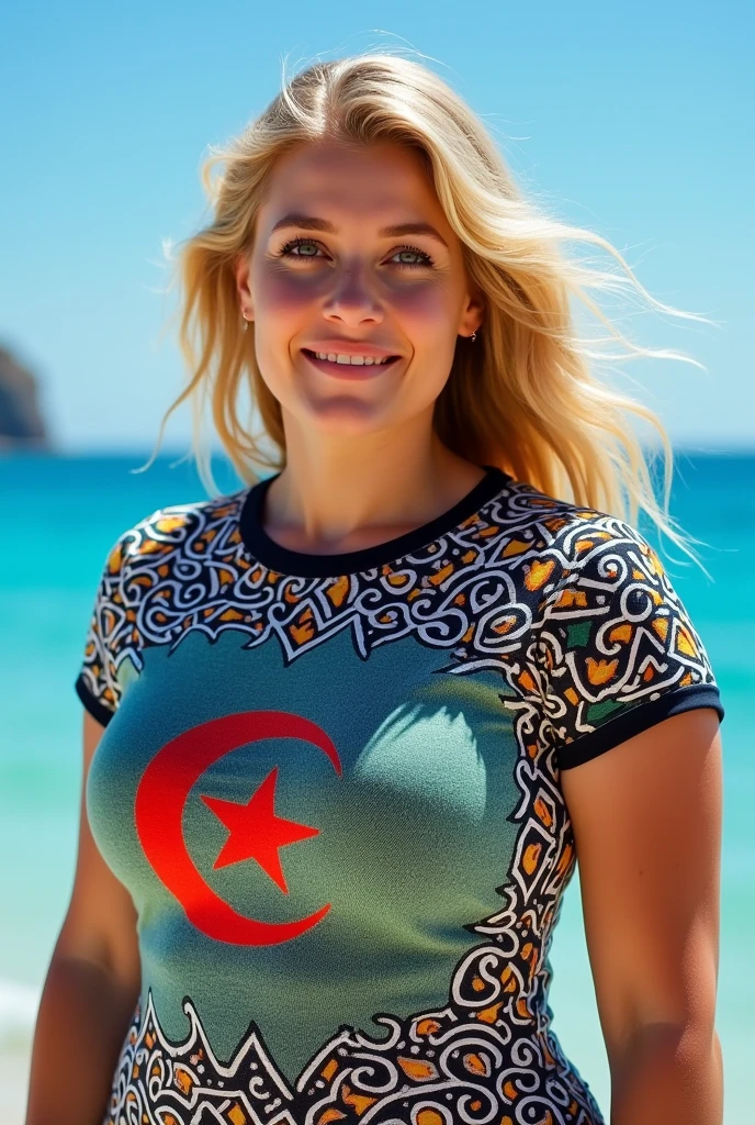 Close up of a fat blonde woman wearing a t-shirt with Algerian flag pattern on a blue sea background in high quality 