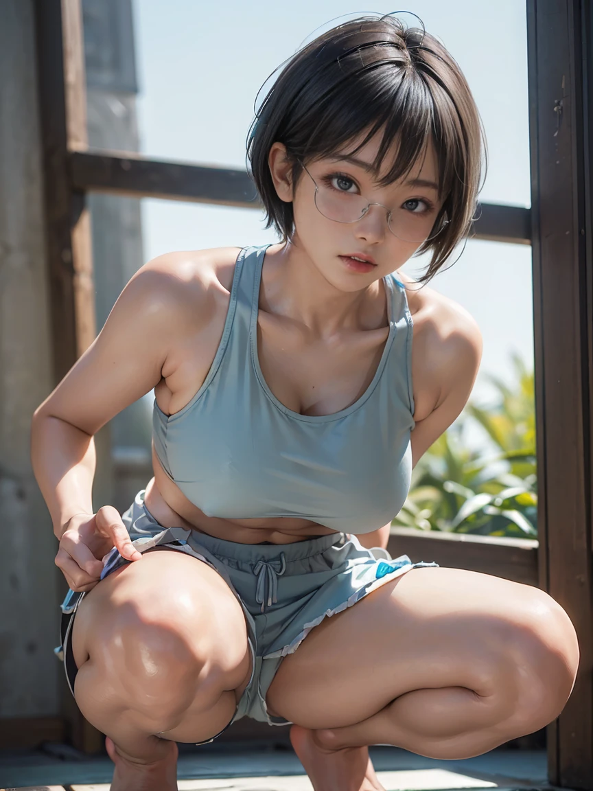 8k, RAW Photos, Highest quality, masterpiece, Realistic, Realistic, (1 Ultimate beauty), ((Cosplayer wearing a light grey sports bra))((Wearing light blue dolphin shorts)),(Strictly adhere to a composition where only one person appears in the photo)、(By the pool)(Wear rimless glasses)((Get into a squat position))((With legs spread))Highly detailed face, (Perfect Teeth), fine grain, double eyelid, eyelash, Lip details, (((Black short bob hair), (((Very large breasts)))Big Breasts,(((Accentuate the crotch)))(((Accentuate the crotch)))((Sexy pose))Cowboy Shot, Soft Light, ((Written boundary depth))
Proceed with caution,((,Japanese women)), (((moderately fleshy body, Tight waist))), (((Realistic))(((Front view)))