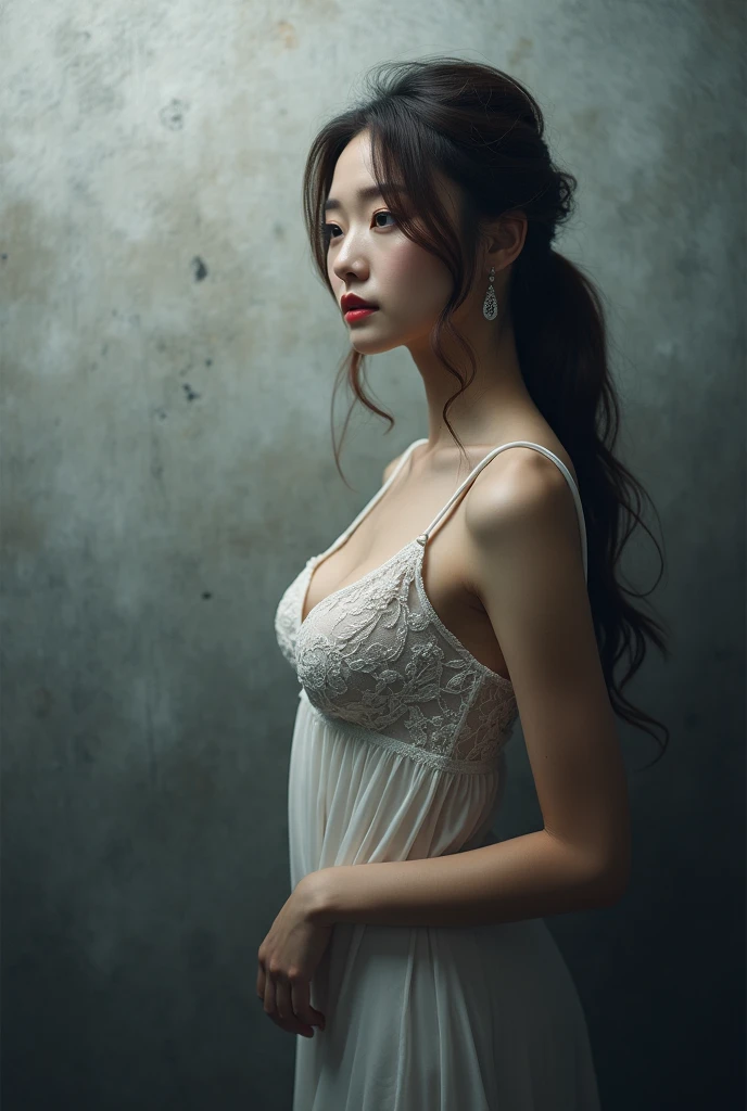 (Highest quality:1.4),(masterpiece:1.4),(Realistic:1.4),(Realistic:1.2),(超High resolution, RAW Photos:1.4),(High resolution, Very detailed:1.2),(8k:1.2),photograph,(Shot from behind:1.3)、Korean women、brown hair photos,One Woman,alone,(In underwear),Very large breasts,((Thigh to head shot:1.3))、(((topless、You can see her large breasts from the side.)))、((Smile))、((Very large breasts:1.4))、Realistic skin textures、Slightly freckled、Slender figure、Realistic skin textures、((background,Concrete wall:1.3)),(topless,The breast is visible from the side:1.6),(Long lace slip,White)、3 woman、The angle at which the nipple is not visible、((Updo long hairstyle))、((White,Long lace slip:1.4))、Correct toes、Detailed facial features、Long slip covers the buttocks and soles of the feet、Long slip covers your butt、