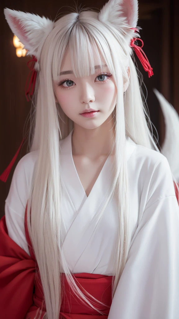 White Demon Fox、Nine-tailed Fox、Japanese women、kimono、Fair skin、Red lines on face、8K、I have long hair