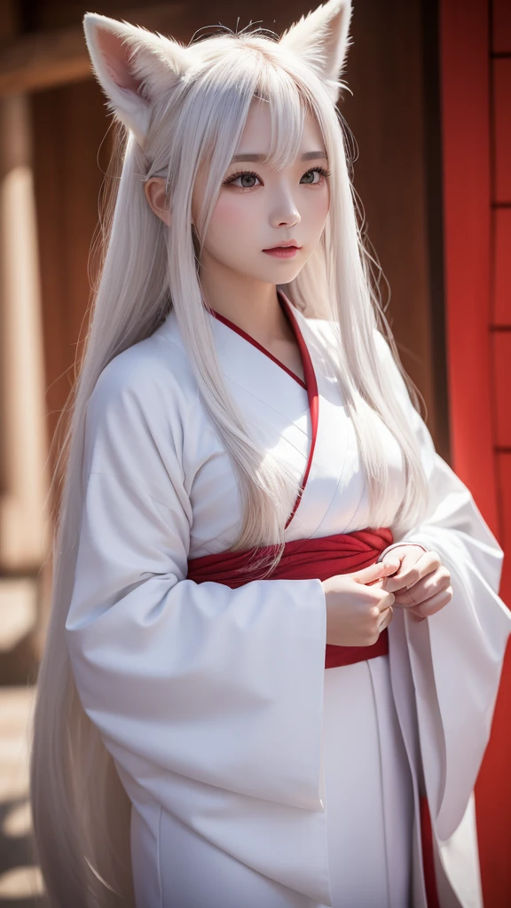 White Demon Fox、Nine-tailed Fox、Japanese women、kimono、Fair skin、Red lines on face、8K、I have long hair