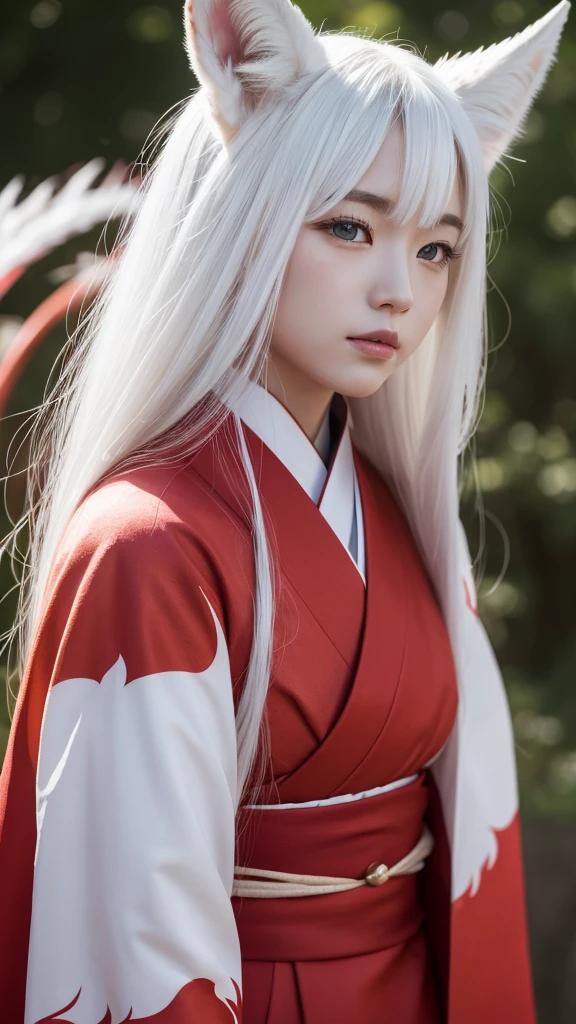 White Demon Fox、Nine-tailed Fox、Japanese women、kimono、Fair skin、Red lines on face、8K、I have long hair