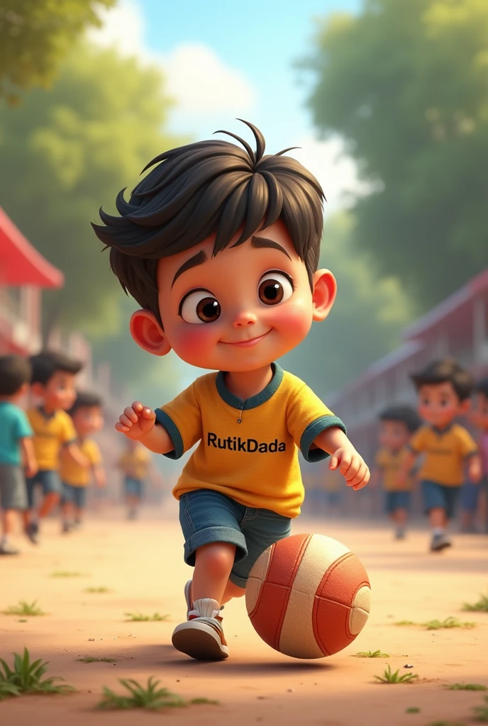 Cute boy play boll caught with dt. Rutik Dada name on boy shirt . Background is one school. And name of school is "L.B.S.V Highschool Weni". And some little students on side of this boy