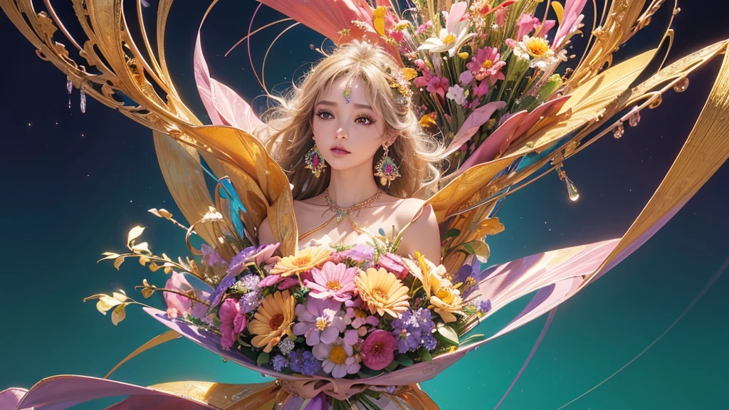 32K, 最高quality, 最高masterpiece, (ultra-Detailed Background, Detailed Background), High resolution, Super detailed, Very detailedな, 1 personの, (bouquet:1.3), (Tangled:1.2), (Geometric:1.2),(colorful),(masterpiece, quality, best quality, Official Art, Beautiful and beautiful:1.2), (1 person:1.3), Very detailed,(colorful:1.1)(Flowers:1.3),Most detailed,(Tangled:1.2), whole body, (Abstract background:1.3), (Skin glows), (Many colors:1.4), ,(Earrings Jewelry:1.5), Gradient Background, Beautiful and sparkling background, It's imaginative., Flaxen Hair,