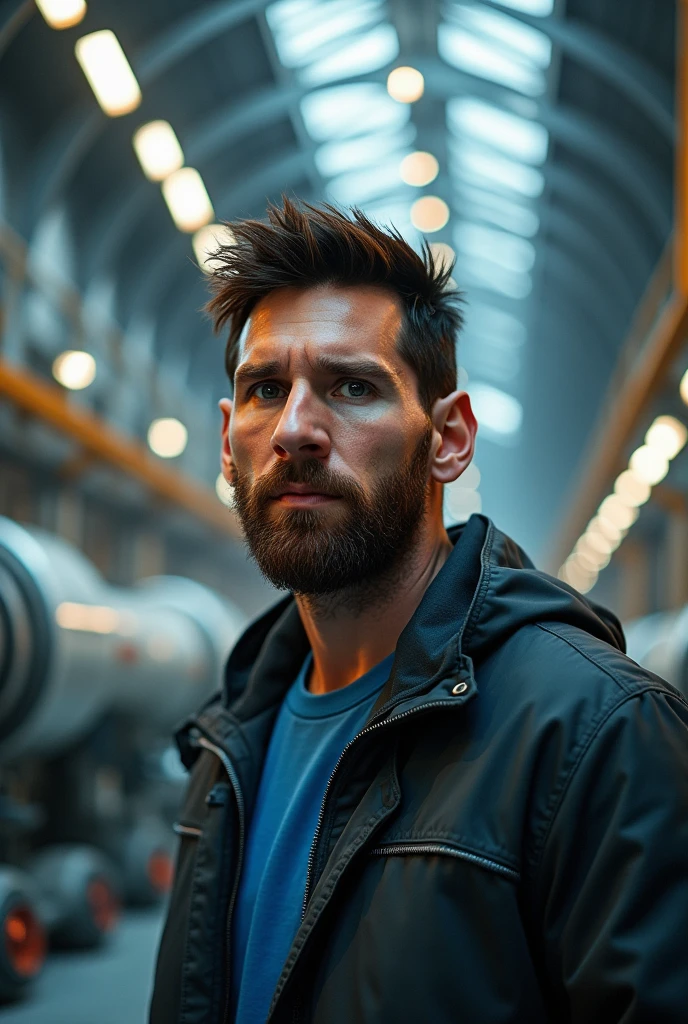 Messi in a rocket factory. Face must be in front of camera 