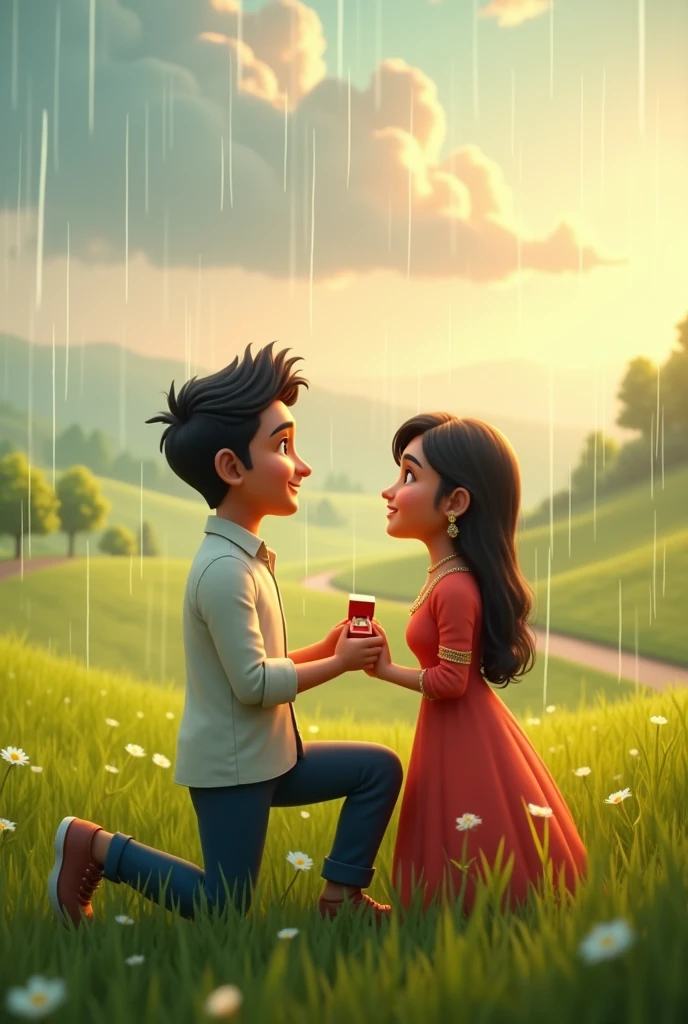 Can you create a 4K quality image of a couple, Arjun and Priti, proposing to each other, with a hayway in the background of rains and a sense of excitement and joy?