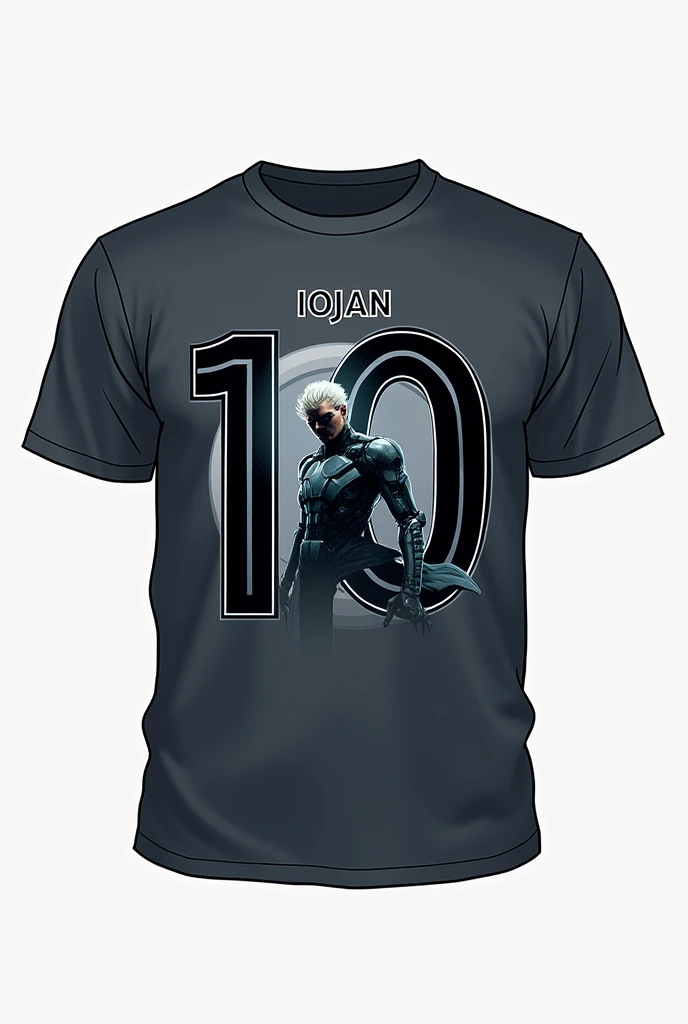 Make a shirt that says GENOS with a small logo on the front of a shirt and that the back of the rent also shows that I have the number 10 and that above the logo says iojan