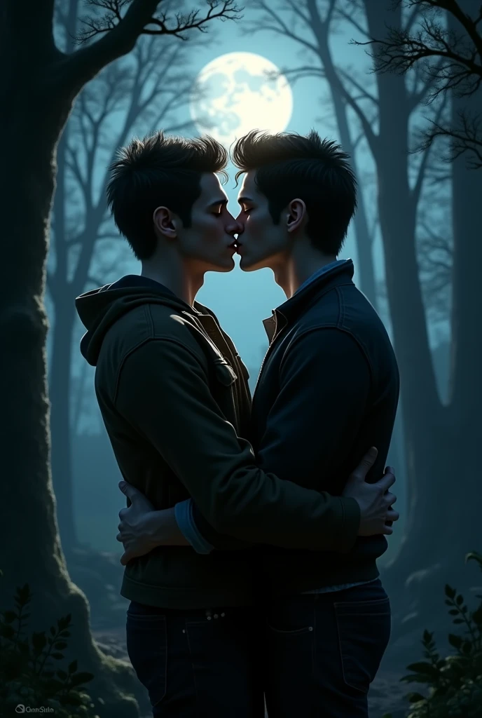 The characters Stiles and Derek (from the TEEN WOLF series) kissing In a dark forest just the two of them