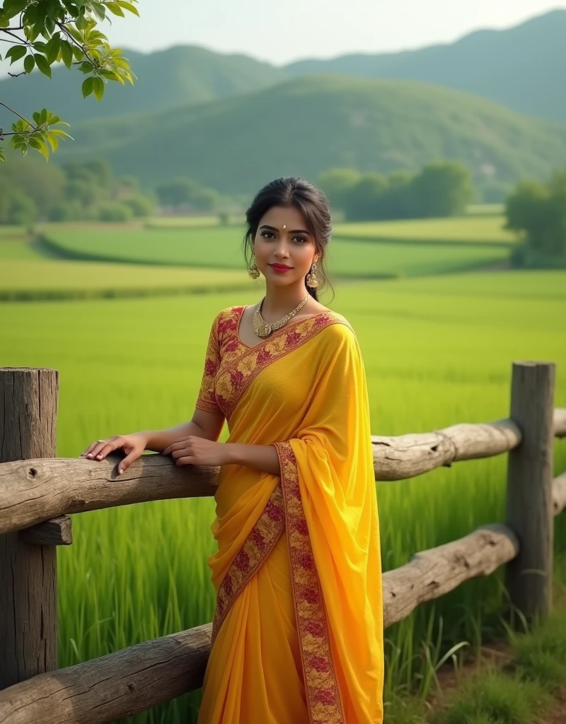 In a serene countryside setting with rolling green fields, the model wears a traditional yellow saree with intricate floral patterns. She leans against a rustic wooden fence, her expression gentle and inviting, harmonizing with the natural beauty of the landscape.