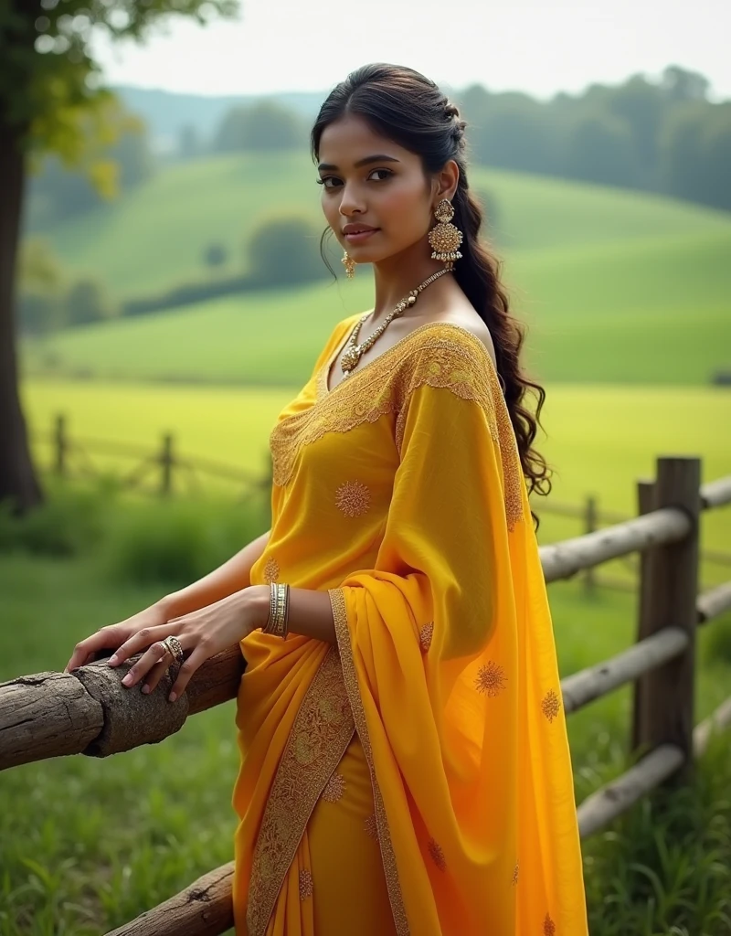In a serene countryside setting with rolling green fields, the model wears a traditional yellow saree with intricate floral patterns. She leans against a rustic wooden fence, her expression gentle and inviting, harmonizing with the natural beauty of the landscape.