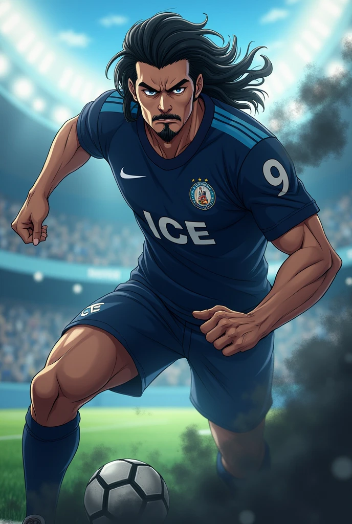 Create a football player with black wavy hair, wears a goatee and has the number 9 on his shirt, on the shirt it says ICE and he has black smoke around his body, he has in an attacking action position, make it in anime format, he is a mature and serious player but he is not old, behind him there is a blurred field, his eyes glow black 