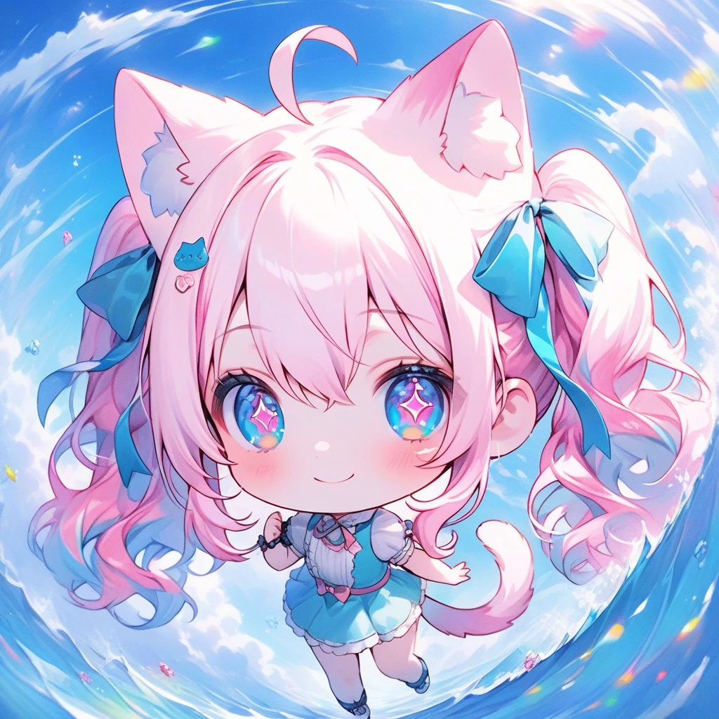 masterpiece, best quality, beautiful, 16K, highres, ,1girl, kemono, delightful, smiling,looking at viewer, medium hair, wave hair, hair between eyes, ahoge,twintails, wavy hair, shiny hair,pastel_pink hair,inner_aqua hair, streaked hair, colored , heterochromaia:1.2(one pink eye,one aqua eye ).golden eyes, with sparkling eyes, big eyes, wide-eyed, pale skin, fair skin, shiny skin, detailed skin, pale skin, chibi, short sleeves,slim, frilled clothing, mini skirt, smaller face, with cat ears, cat tail, cute face, , toddle𝕣,green background, kawaii, cute, chibi, chibi anime, front view, dynamic angle, wide view, wide shot, intense wide shot,golden ratio,architectural photograph,