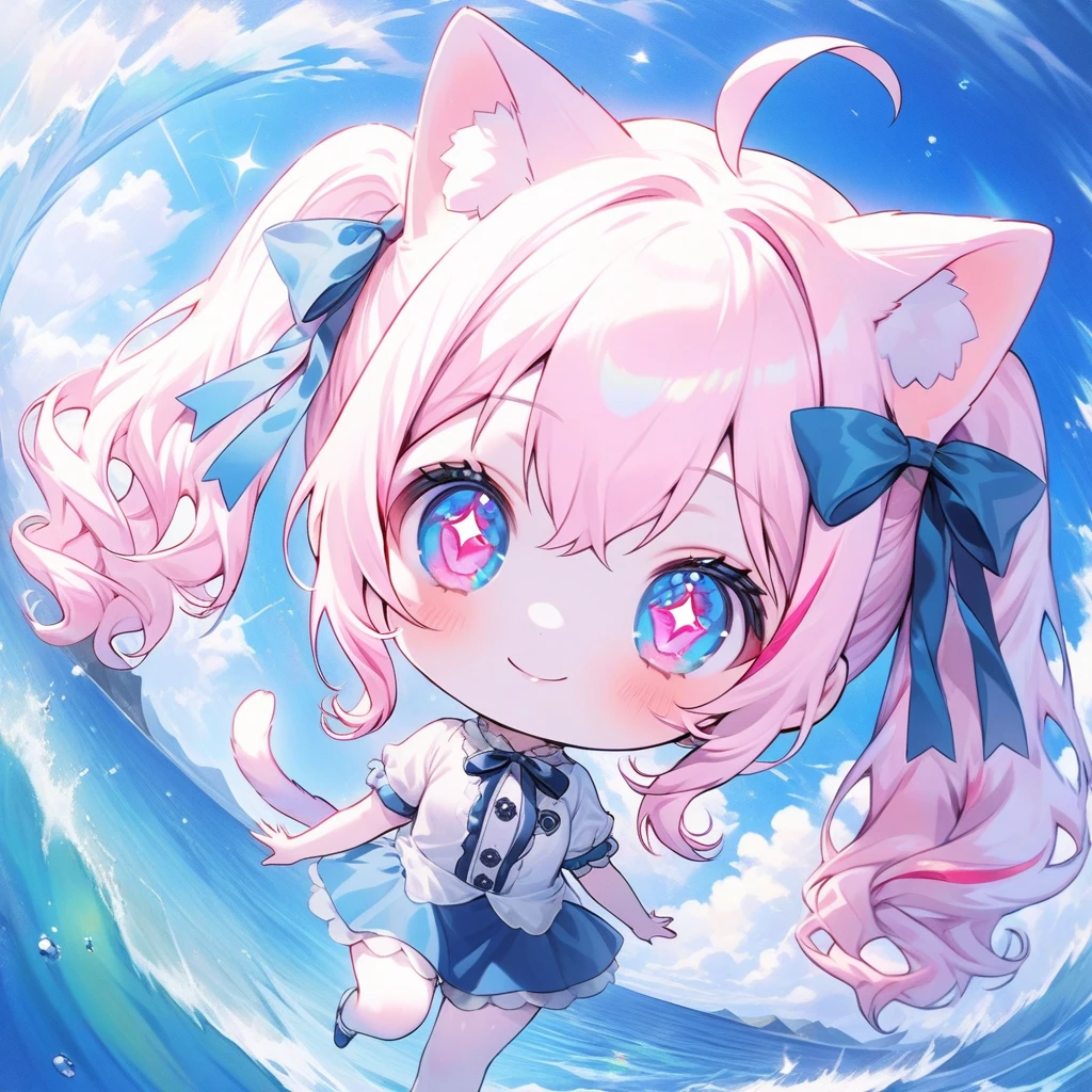 masterpiece, best quality, beautiful, 16K, highres, ,1girl, kemono, delightful, smiling,looking at viewer, medium hair, wave hair, hair between eyes, ahoge,twintails, wavy hair, shiny hair,pastel_pink hair,inner_aqua hair, streaked hair, colored , heterochromaia:1.2(one pink eye,one aqua eye ).golden eyes, with sparkling eyes, big eyes, wide-eyed, pale skin, fair skin, shiny skin, detailed skin, pale skin, chibi, short sleeves,slim, frilled clothing, mini skirt, smaller face, with cat ears, cat tail, cute face, , toddle𝕣,green background, kawaii, cute, chibi, chibi anime, front view, dynamic angle, wide view, wide shot, intense wide shot,golden ratio,architectural photograph,