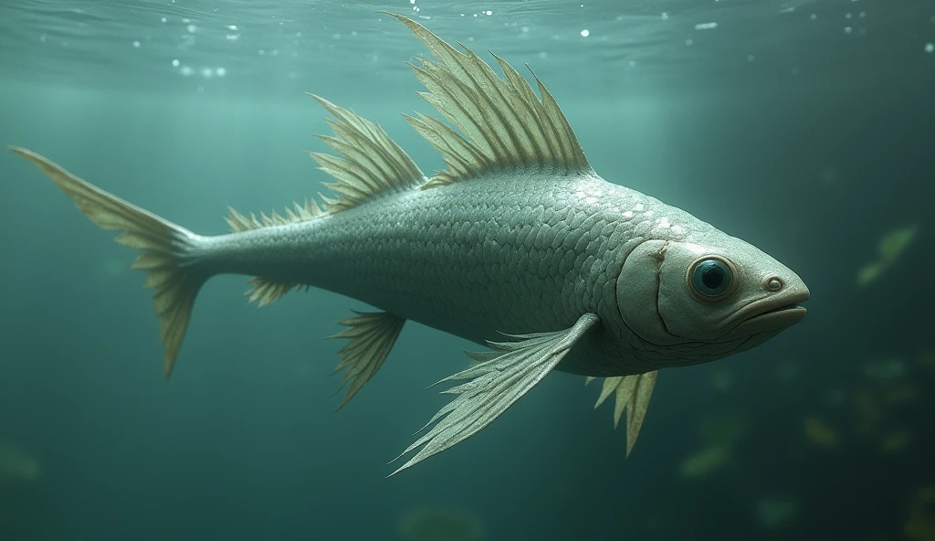 There is a fish in the water，A strong start but a weak end，Wings growing between the ribs（best quality，4K，8k，High level，masterpiece：1.2），Ultra Detailed，（lifelike，Photo real，Photo real：1.37）