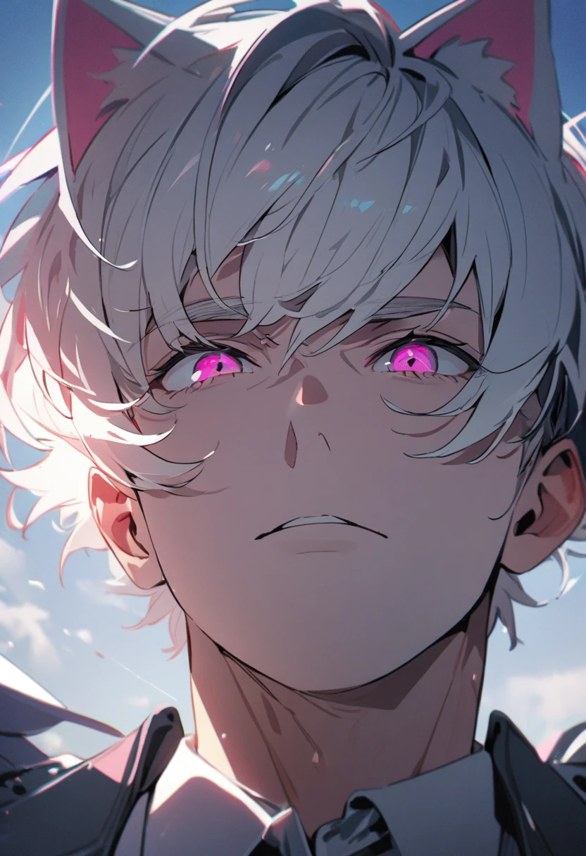 1 men, short white hair, Super detailed pink eye, Kitten ears, Wearing a white dress shirt, wearing gloves, slightly muscular body, view from below, 4K, bright coloured, High quality of details, close up no rosto, detailed shadows, male face